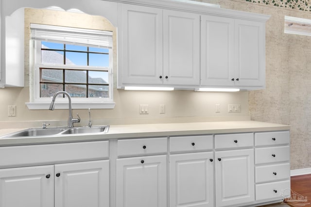 kitchen featuring light countertops, white cabinets, and a sink