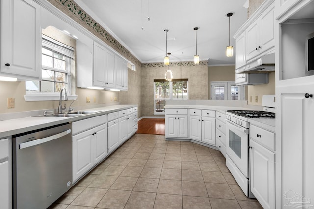 kitchen with under cabinet range hood, a sink, white range with gas cooktop, a wealth of natural light, and dishwasher