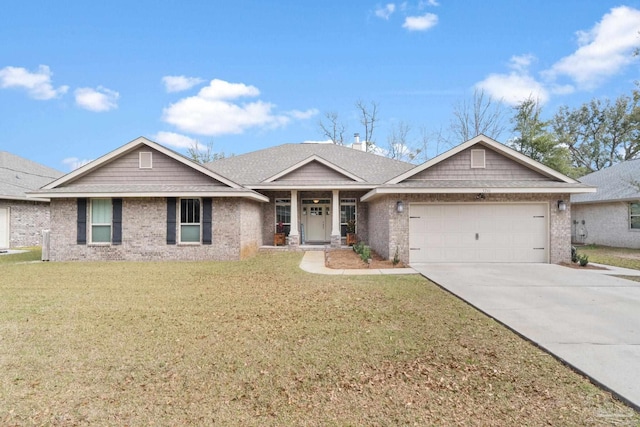 single story home featuring a garage, a shingled roof, concrete driveway, a front lawn, and brick siding