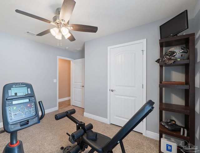3246 Main St, Navarre, FL 32566 - exercise room featuring carpet, visible vents, ceiling fan, and baseboards