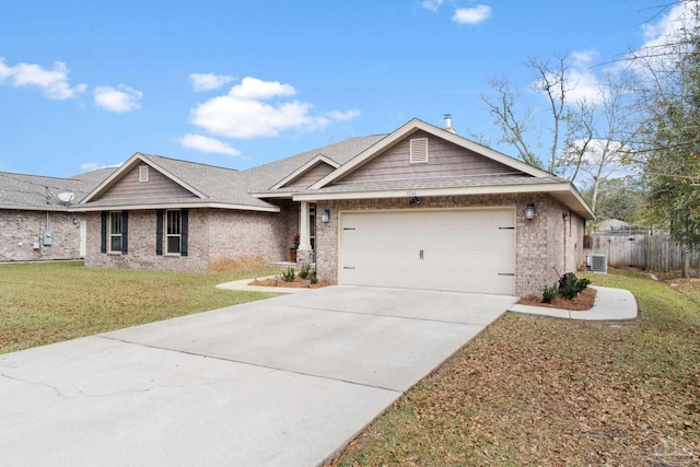 ranch-style house with a garage, a front yard, central AC, and brick siding