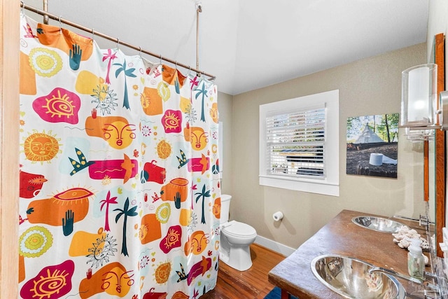 bathroom featuring a shower with shower curtain, wood finished floors, baseboards, a sink, and toilet