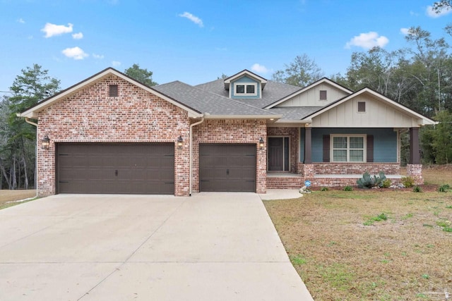 view of front of property featuring concrete driveway, brick siding, an attached garage, and roof with shingles