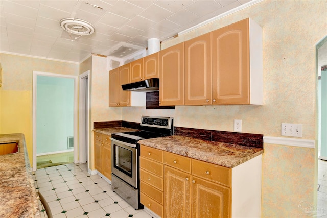 kitchen with stone counters, electric range, and crown molding