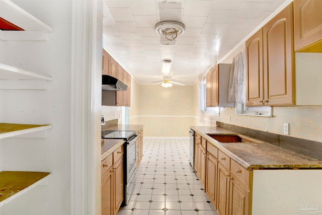 kitchen with ceiling fan, light brown cabinets, appliances with stainless steel finishes, and tasteful backsplash