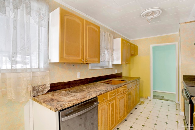 kitchen with crown molding, light stone counters, and appliances with stainless steel finishes