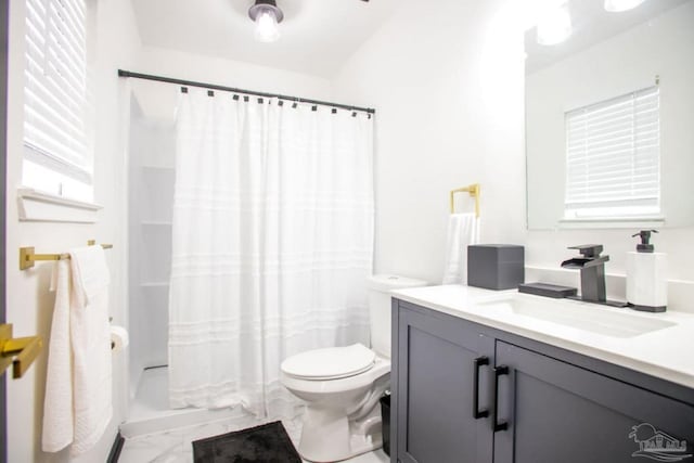 bathroom with curtained shower, toilet, and vanity