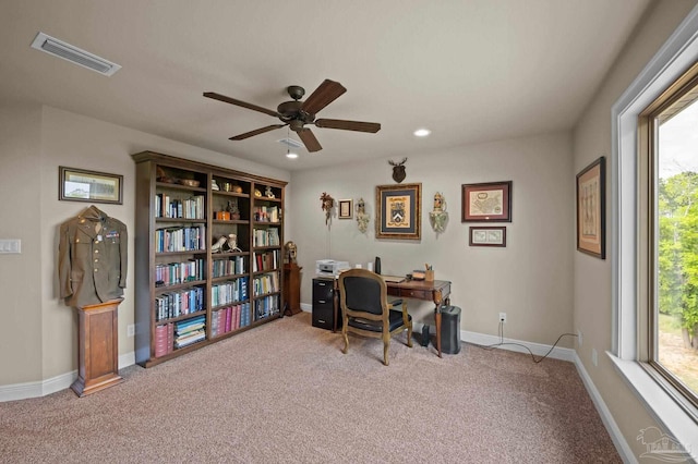 carpeted office with baseboards, visible vents, a ceiling fan, and recessed lighting