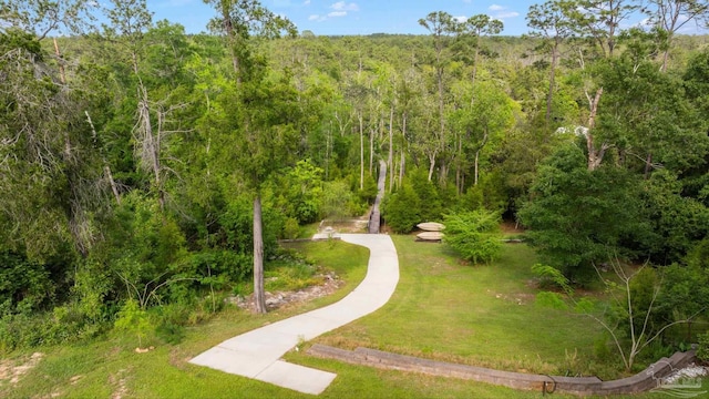view of community featuring a lawn and a wooded view