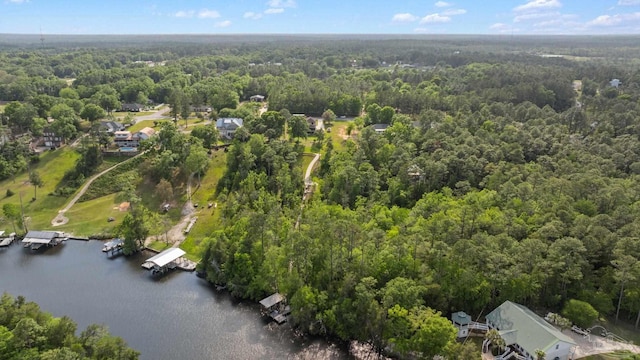 aerial view featuring a water view and a forest view