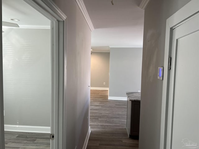 hall featuring ornamental molding and dark wood-type flooring