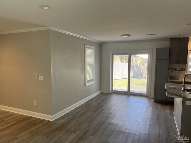 unfurnished dining area featuring crown molding, dark hardwood / wood-style floors, and sink