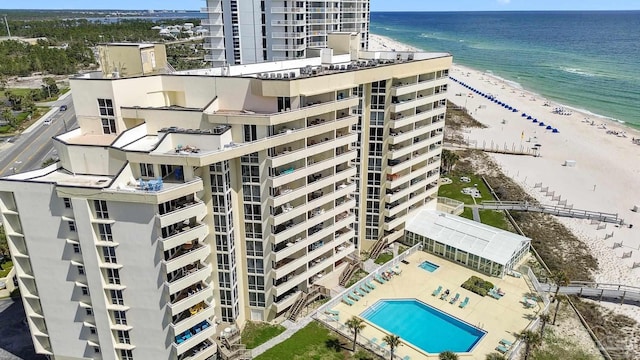 aerial view featuring a beach view and a water view