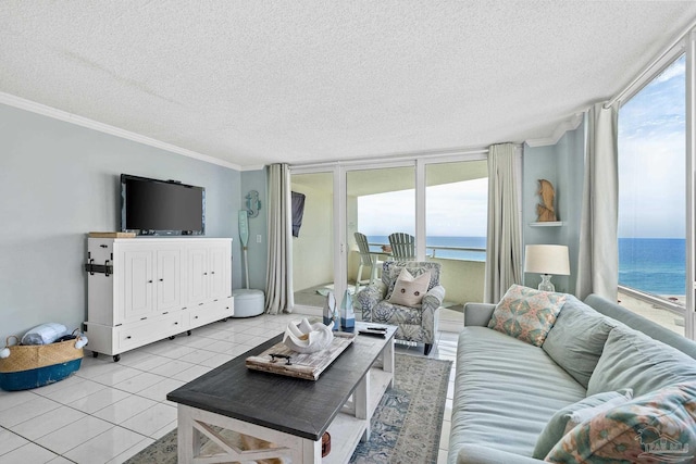 living room with ornamental molding, floor to ceiling windows, light tile patterned floors, and a textured ceiling