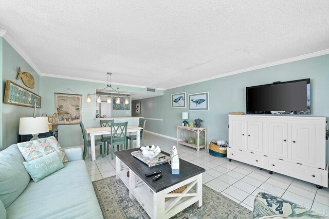 tiled living room with a textured ceiling and crown molding