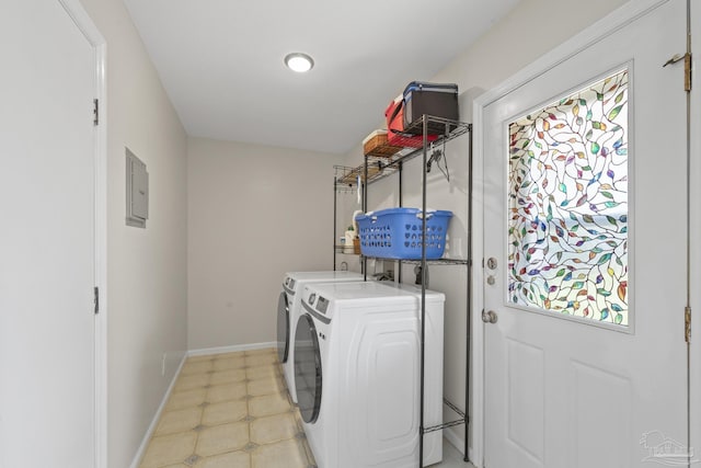 laundry area featuring washer and dryer, electric panel, laundry area, and baseboards