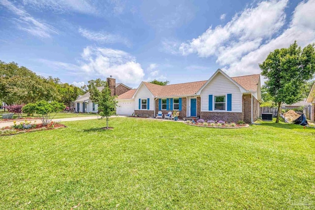 single story home with concrete driveway, a front lawn, a garage, and brick siding