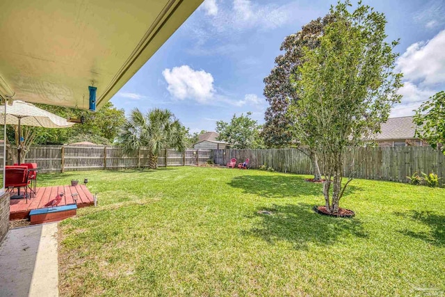 view of yard with a fenced backyard and a wooden deck