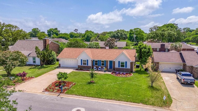 ranch-style house with a front yard, driveway, and a garage