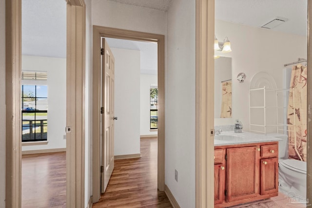 bathroom with vanity, a textured ceiling, hardwood / wood-style floors, toilet, and curtained shower