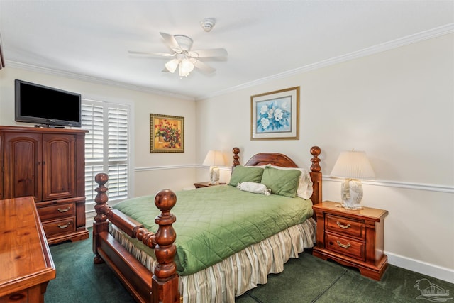 bedroom with a ceiling fan, baseboards, dark carpet, and crown molding