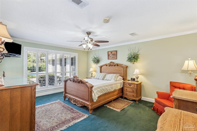 bedroom featuring crown molding, dark colored carpet, visible vents, ceiling fan, and baseboards