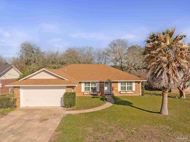 view of front facade featuring driveway, a front yard, a shingled roof, a garage, and brick siding