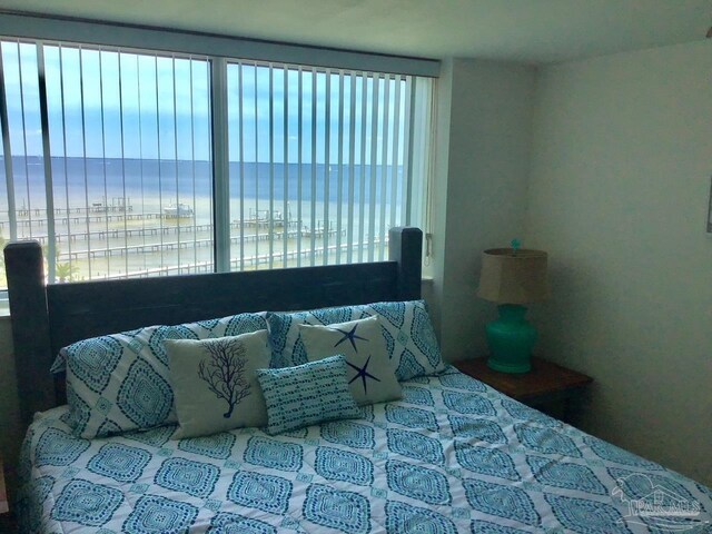 bedroom featuring multiple windows and a water view