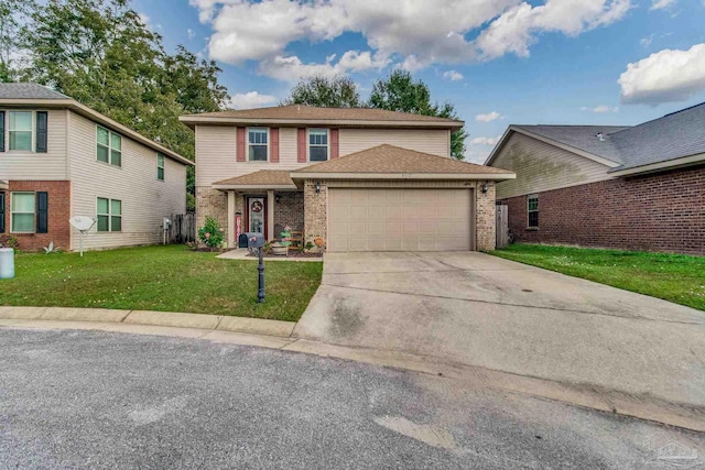 view of front property featuring a garage and a front lawn