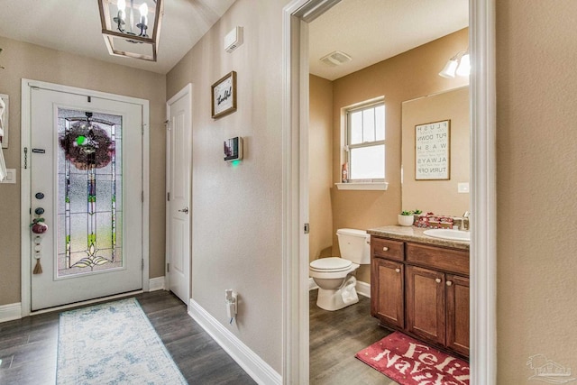 entryway with dark hardwood / wood-style flooring and sink