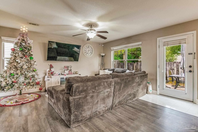 living room with a wealth of natural light, ceiling fan, and hardwood / wood-style flooring