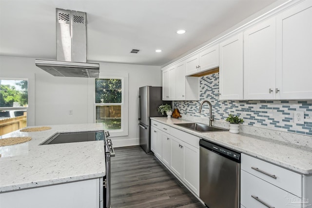 kitchen with a wealth of natural light, island range hood, sink, and appliances with stainless steel finishes