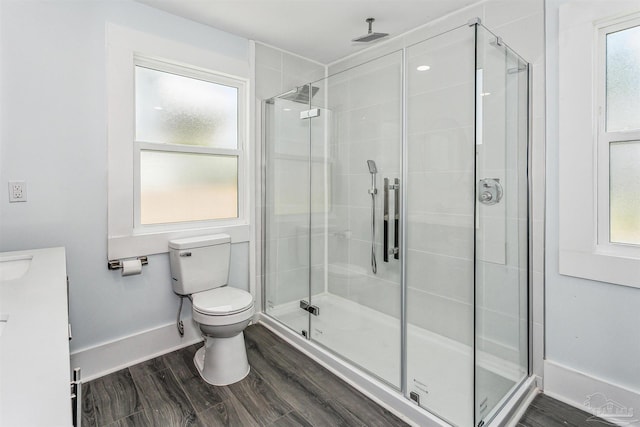 bathroom featuring vanity, toilet, hardwood / wood-style floors, and walk in shower