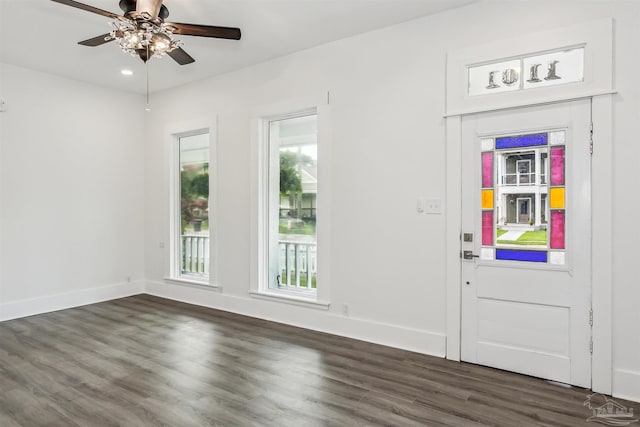 doorway to outside featuring ceiling fan and dark hardwood / wood-style floors