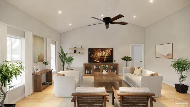 living room with high vaulted ceiling, light hardwood / wood-style floors, and ceiling fan