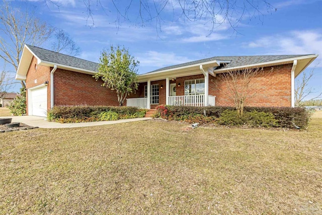 single story home with a porch, a garage, and a front lawn