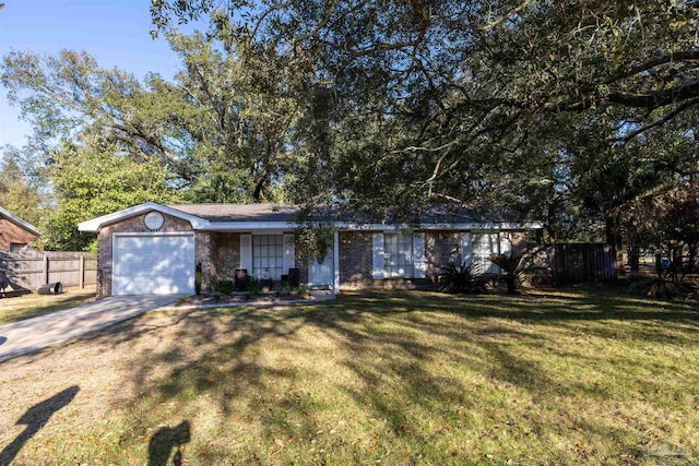 ranch-style house with a front lawn, fence, a garage, and driveway