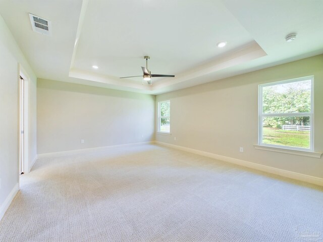 spare room featuring plenty of natural light, a raised ceiling, light colored carpet, and ceiling fan