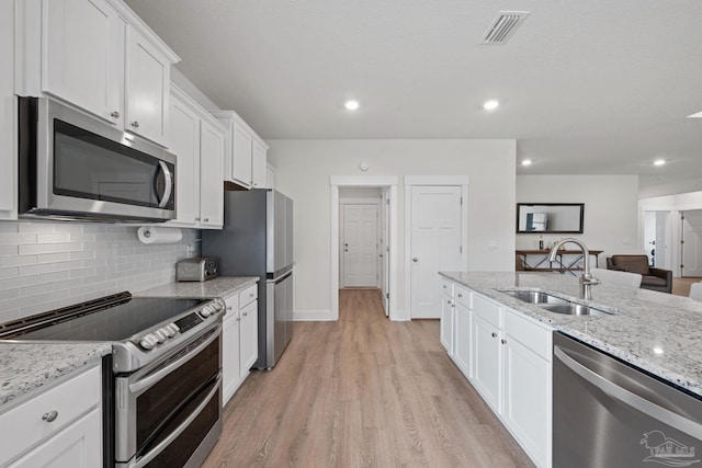 3416 Southwind Dr, Gulf Breeze, FL 32563 - kitchen with stainless steel appliances, a sink, white cabinets, decorative backsplash, and light wood-type flooring