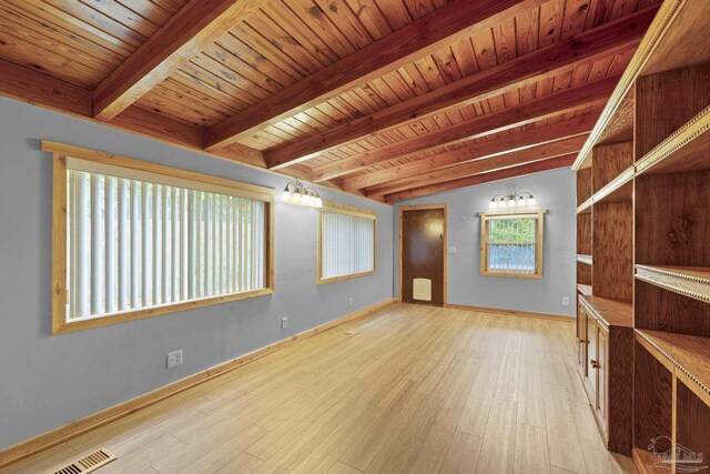 204 Camelia St, Gulf Breeze, FL 32561 - unfurnished living room with wood ceiling with exposed beams, light wood finished floors, and baseboards