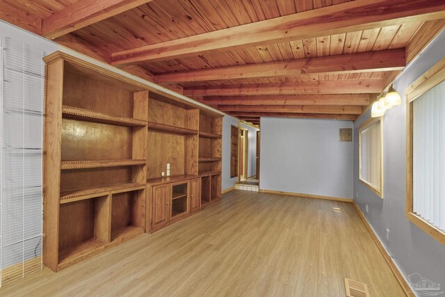 204 Camelia St, Gulf Breeze, FL 32561 - unfurnished living room featuring wooden ceiling with exposed beams, light wood finished floors, and baseboards