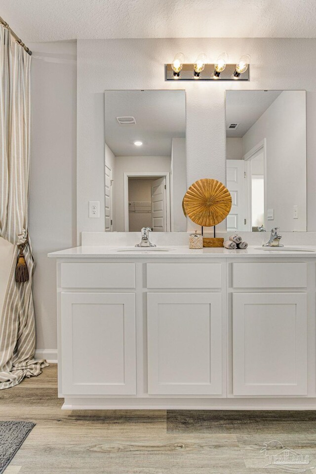 bathroom with hardwood / wood-style flooring and dual bowl vanity