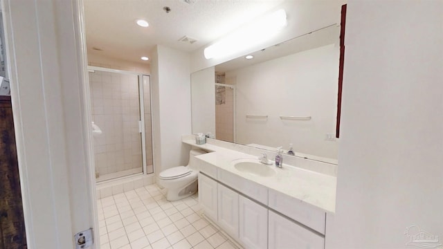 bathroom featuring vanity, toilet, an enclosed shower, and tile patterned flooring