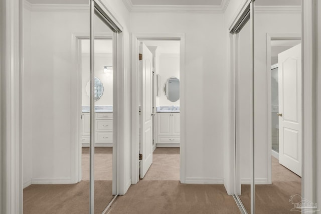 corridor featuring crown molding and light colored carpet