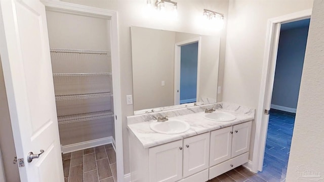 bathroom featuring wood finish floors, a sink, and double vanity