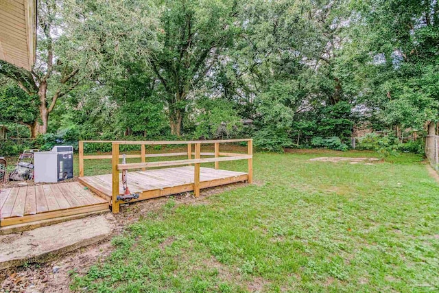 view of yard with a wooden deck and fence