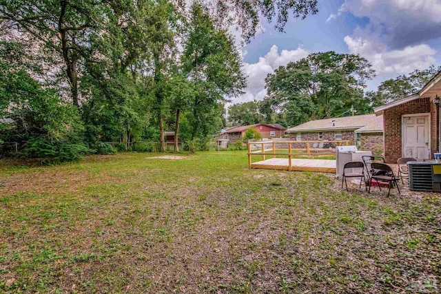 view of yard with a fenced backyard and central air condition unit