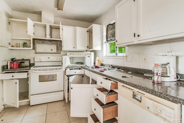 kitchen featuring open shelves, white electric range oven, light tile patterned flooring, white cabinetry, and a sink