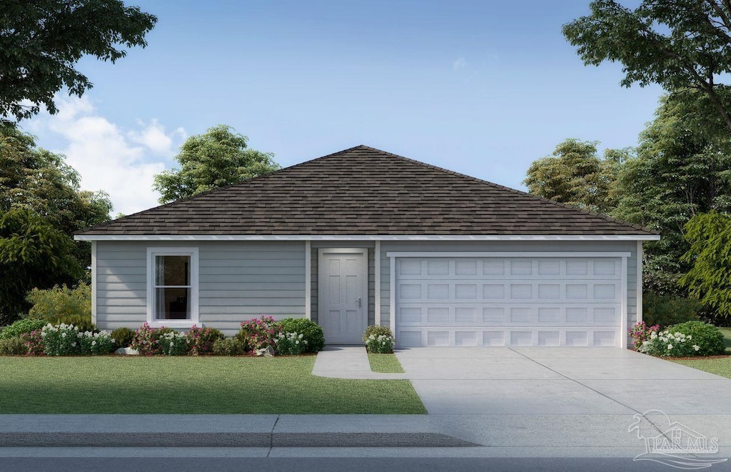 view of front of home with a shingled roof, a front yard, concrete driveway, and a garage