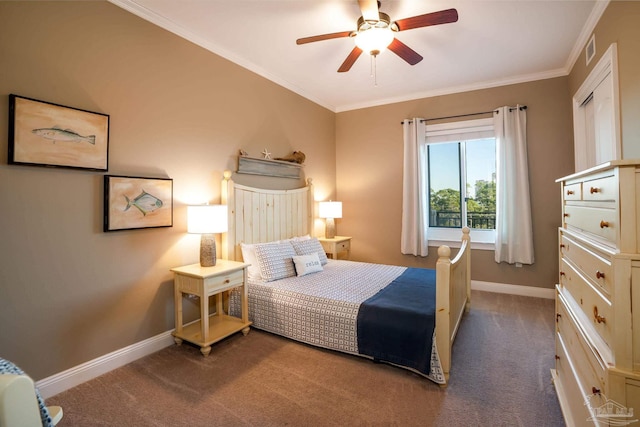 carpeted bedroom featuring ceiling fan and ornamental molding